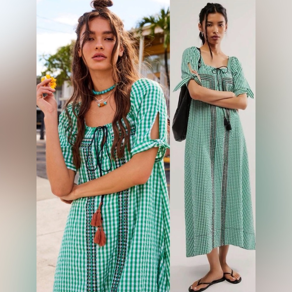 Free People Bohemian Embroidered Gingham Seersucker Cass Maxi Dress Green Small - Picture 14 of 16